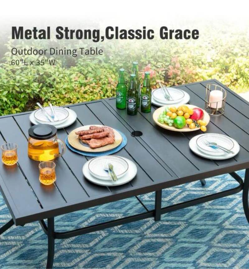 Condition photo showing New/Like New for black rectangle metal patio outdoor dining table with 1.57 in. umbrella hole