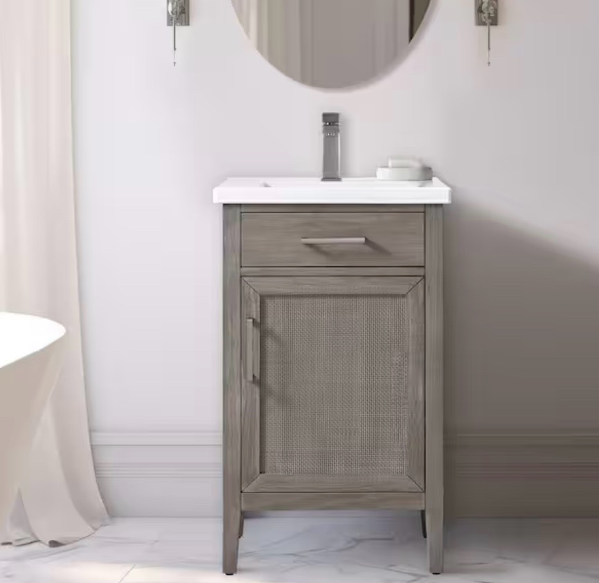 Condition photo showing As Is for cove 20 in. single sink freestanding rattan bathroom vanity in heritage gray with white ceramic top