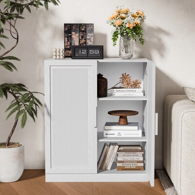Condition photo showing New/Like New for misty moon 36 inch tall wood grain storage cabinet in white storage organizer with 2 rattan