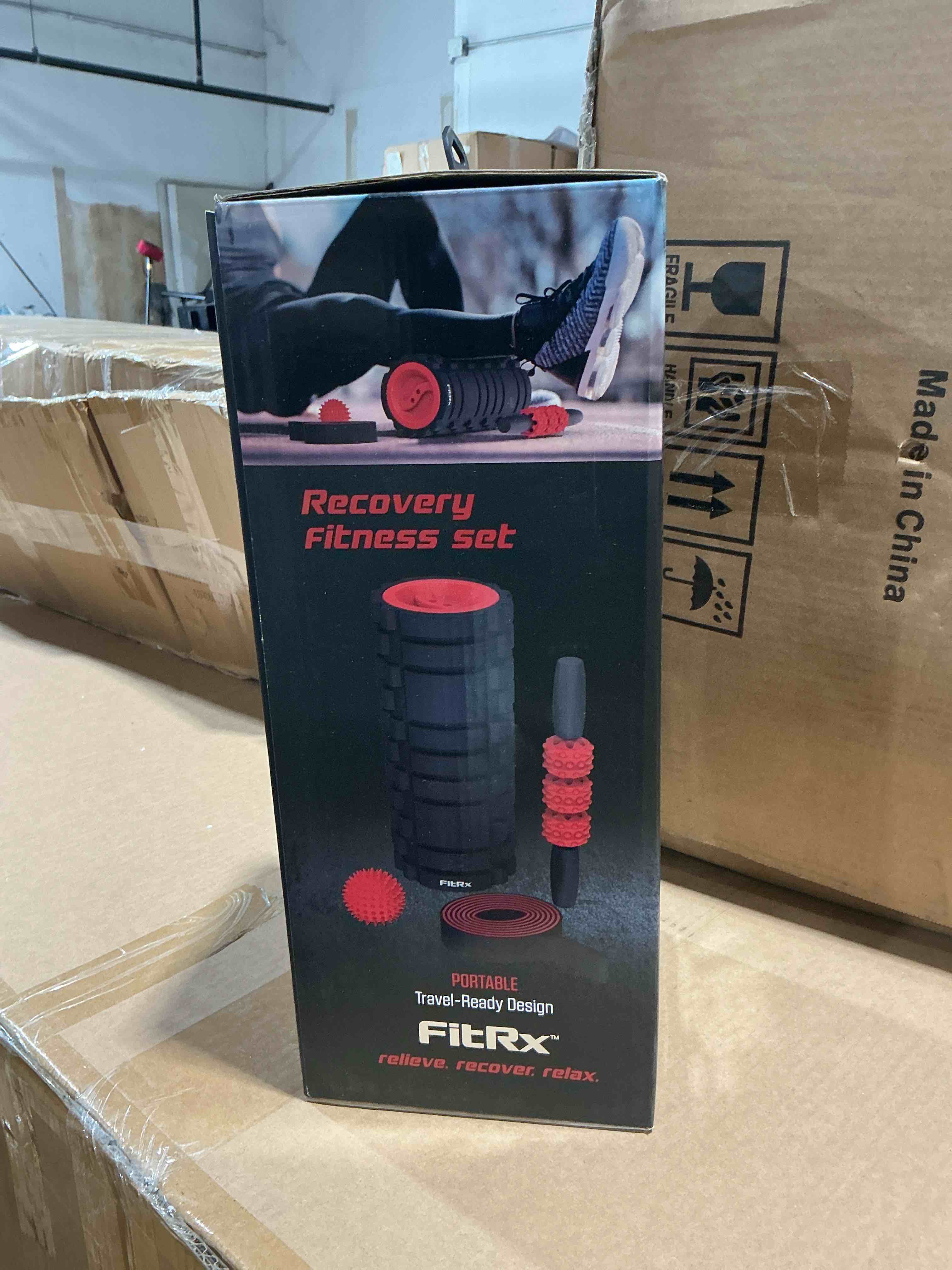 Condition photo showing New/Like New for fitrx recovery fitness set textured foam roller massage stick ball and stretch strap black / red