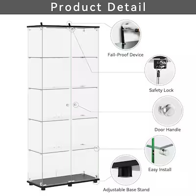 Condition photo showing New/Like New for lovmor black glass display cabinet for living room or office -5 shelves 74.5 inch h