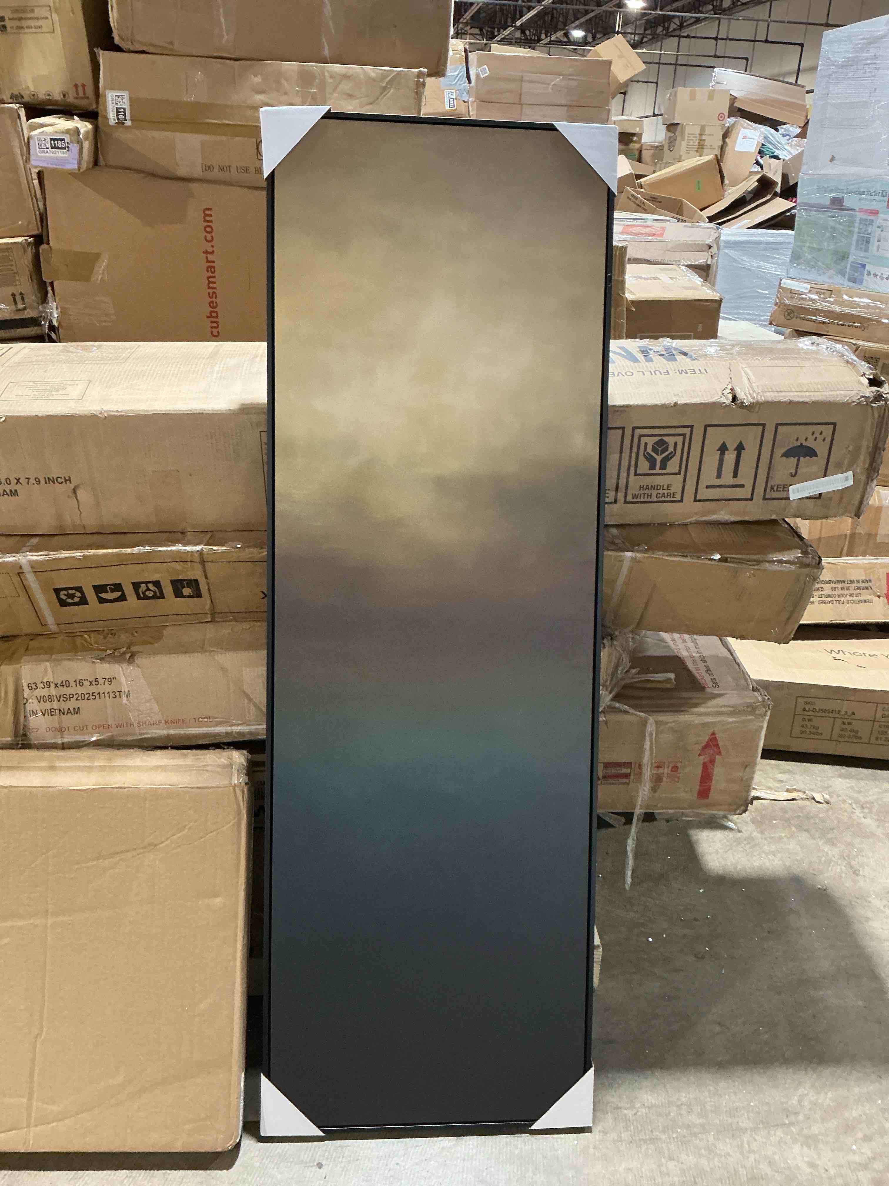 Condition photo showing New/Like New for large framed canvas wall art - mist abstract earth tone and teal hazy horizon prints - 60"x20"