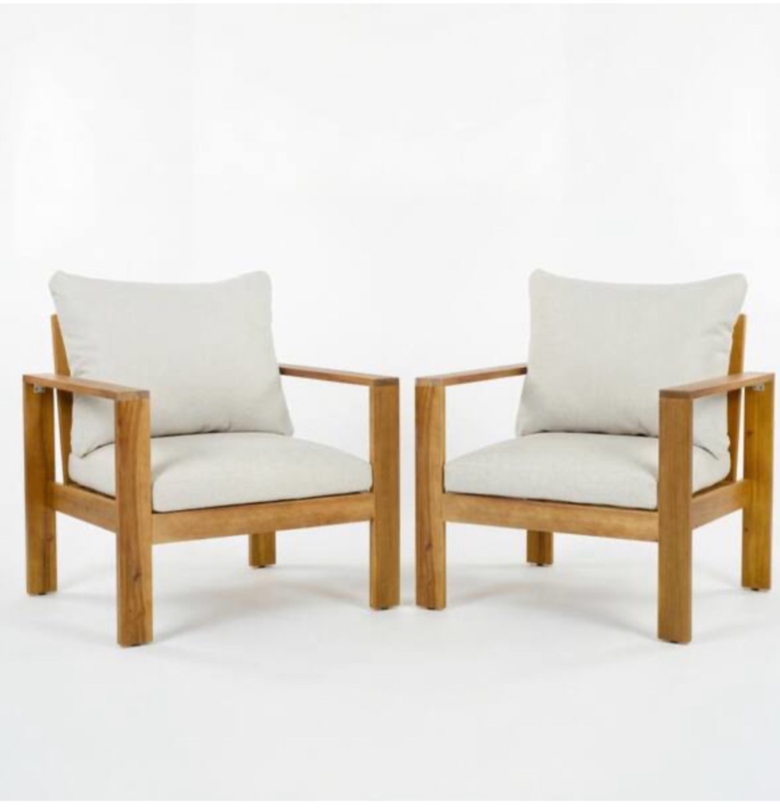 Condition photo showing New/Like New for acacia wood outdoor patio lounge chair (set of 2) with beige cushions