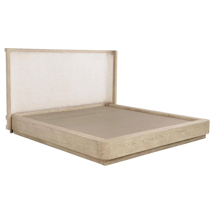 Condition photo showing Good Condition for kailani beige oak wingback eastern king platform bed; incomplete( box 3 of 3 )