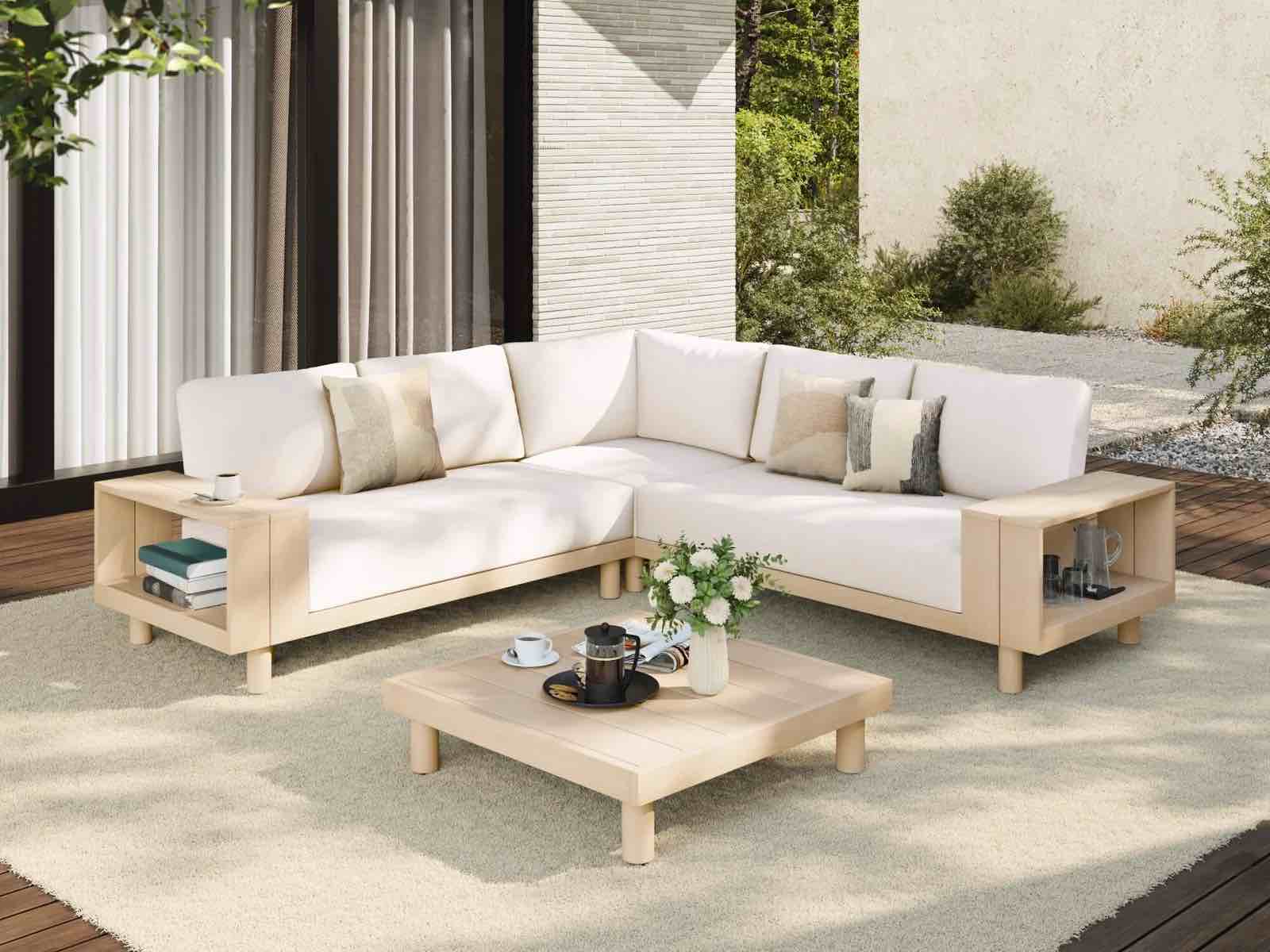 Condition photo showing Good Condition for kiri eucalyptus wood l-shaped outdoor sectional sofa set with storage armrest, white cushions; ( only one arm of the sofa )