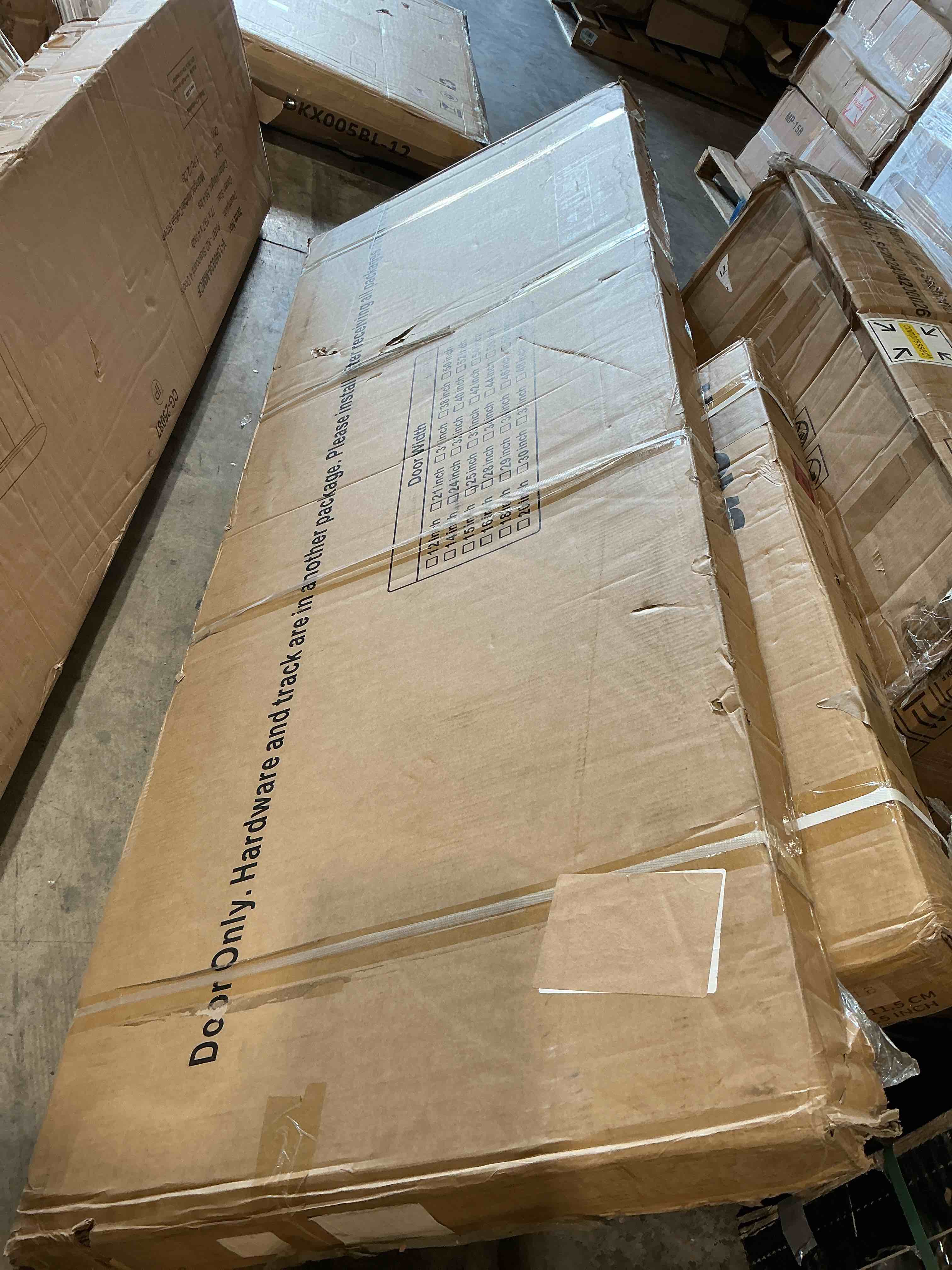 Condition photo showing Good Condition for 56 in. x 84 in. (double 28 in.) 5-lite frosted glass white finished mdf interior sliding barn door with hardware kit