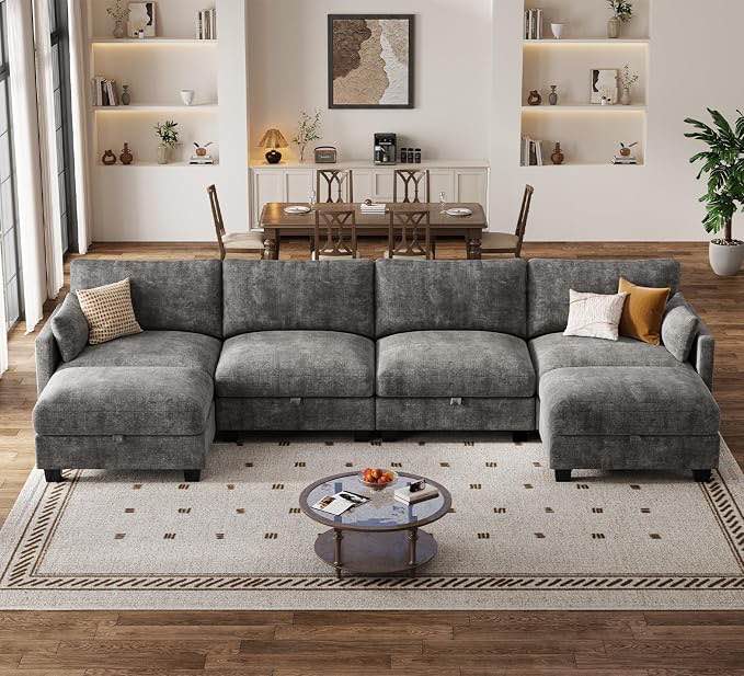 Condition photo showing Good Condition for modular sectional sofa – u-shaped 4-seater convertible couch with 1 ottoman, gray chenille, flexible modular design, 5 pillows included, for living room, home theater, apartment