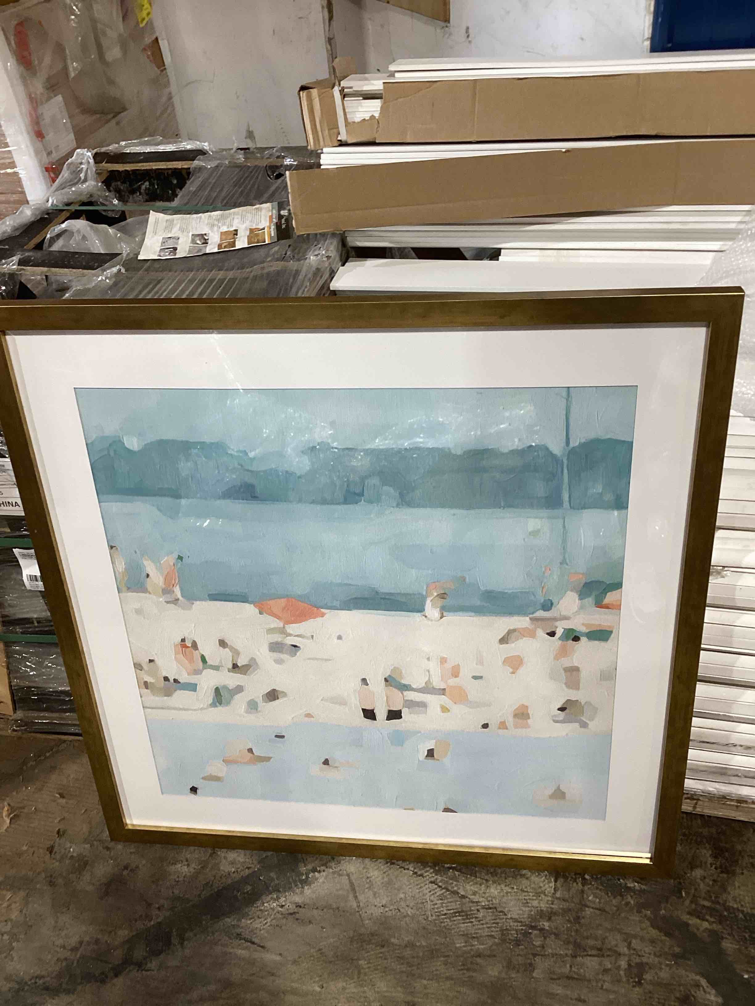 Condition photo showing As Is for amanti art framed canvas wall art 16x16 sea glass sandbar i by emma scarvey, framed wall art canvas, abstract artwork, modern decor, small poster painting for living room, bedroom, bathroom, kitchen,