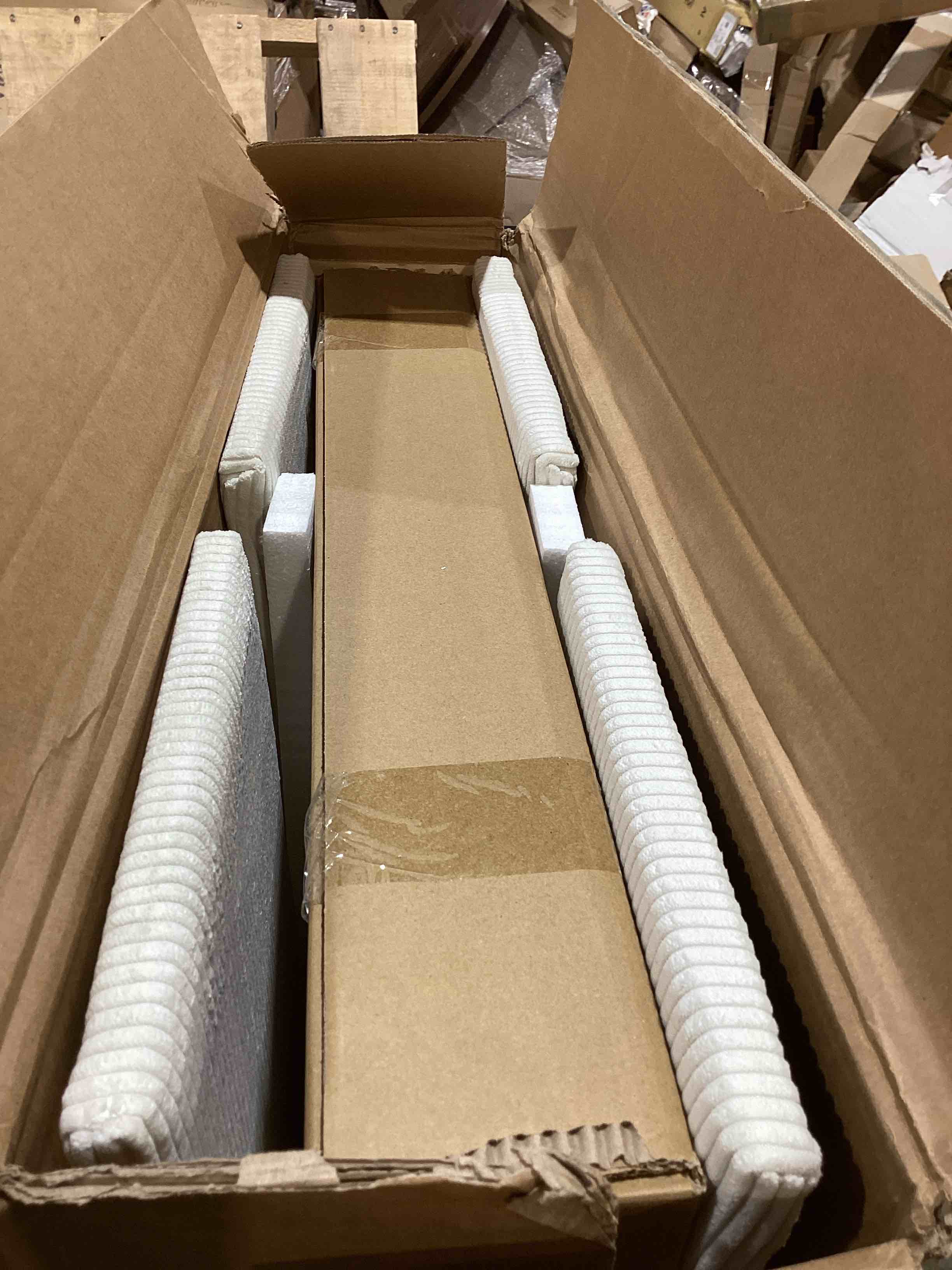 Condition photo showing Good Condition for full boucle bed frame, platform bed with upholstered wingback headboard, strong wooden slats support, noise-free, no box spring needed, easy assembly, beige