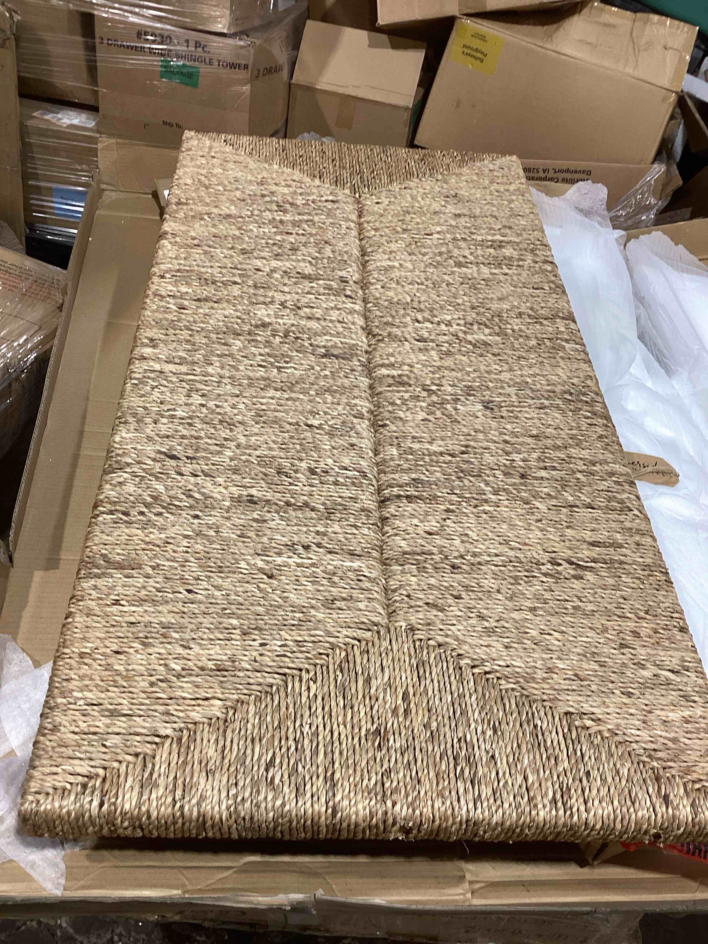 Condition photo showing Good Condition for maykoosh mountain lodge headboard, coastal design, handwoven water hyacinth seagrass, matte black feet, ideal for rustic decor queen
