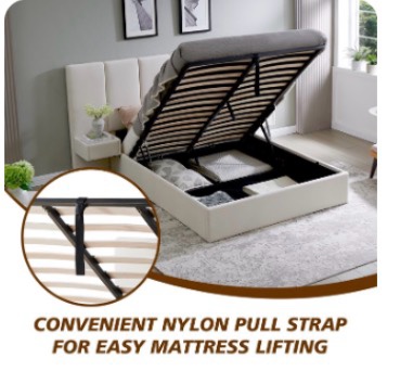 Condition photo showing Good Condition for upholstered lift storage bed frame with velvet headboard, 2 drawers & 9.6" under-bed storage, queen sizes in beige, no box spring needed, ergonomic design for ultimate comfort