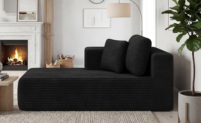 KINGYES Boneless Chaise Lounge Chair for Modular Sectional Sofa, L Shape Corduroy Upholstered Chaise Lounge for Living Room, Black includes ottoman 