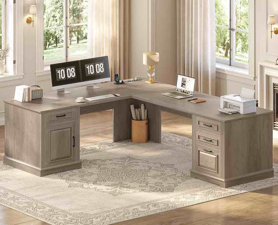 SEDETA 69" Farmhouse L Shaped Corner Desk with Drawers for Home Office