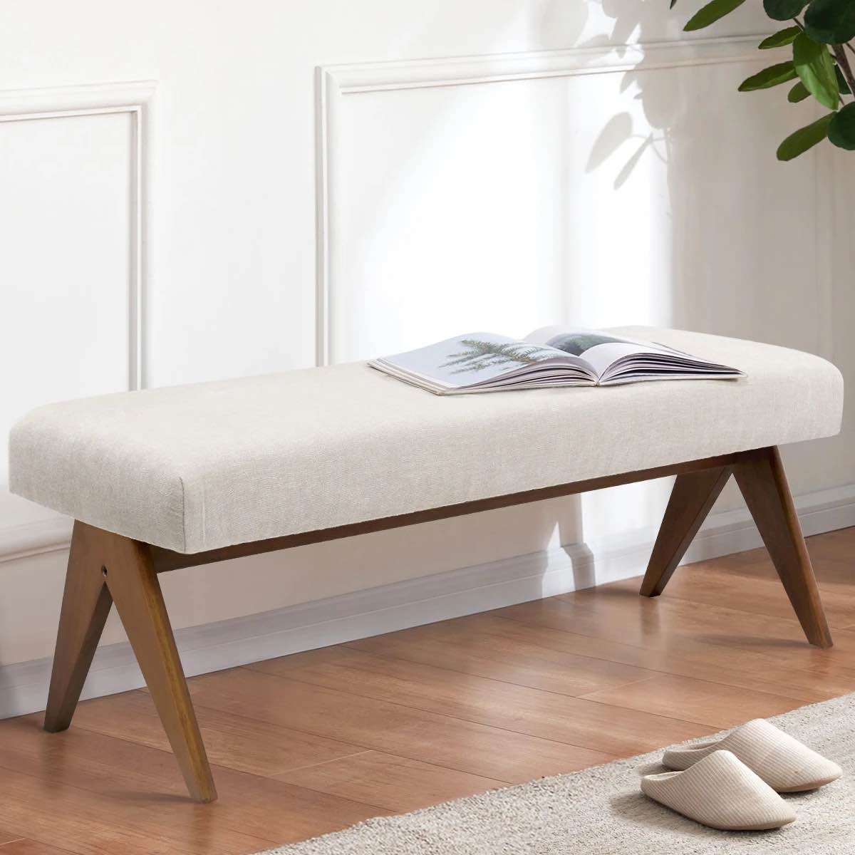 Mid Century Modern Fabric Ottoman Bench Color  Beige 