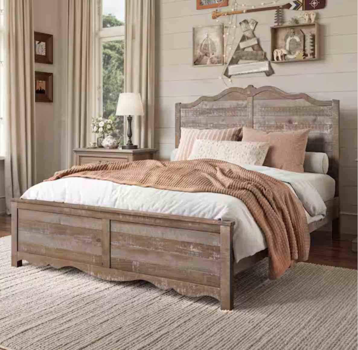 Light Wood Brown Farmhouse Style Solid Wood Frame Queen Size Platform Bed with Unique Curved Headboard and Footboard; incomplete ( Rails only )