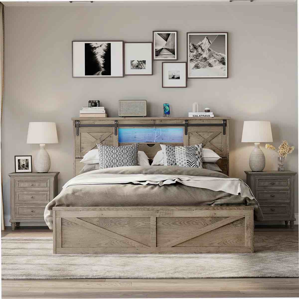 Farmhouse Bed Frame King Size With LED Lights And Charging Station, Wooden Queen Bed With 2 Storage Drawers, Rustic Headboard With Sliding Barn Door Storage Cabinets ; incomplete ( box 1 of 2 )