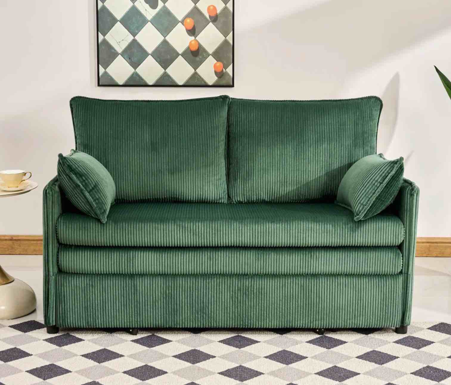 55" Convertible Sofa Bed, Pull Out Bed, 3-in-1 Sofa with Side Pocket & USB Ports, Modern Corduroy Couch for Living Room, Small Space, Apartment, Bedroom, Green; Incomplete: only two arms and two sofa cushions