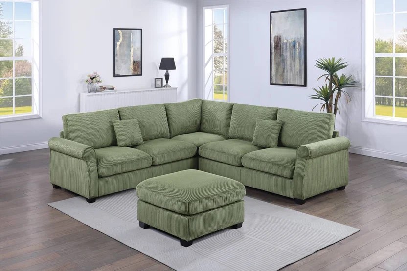 Poundex Sage Green Corduroy Fabric 2 - Piece Sectional Sofa with Rounded Arms & Ottoman – F8820; CORNER WEDGE + OTTOMAN ONLY