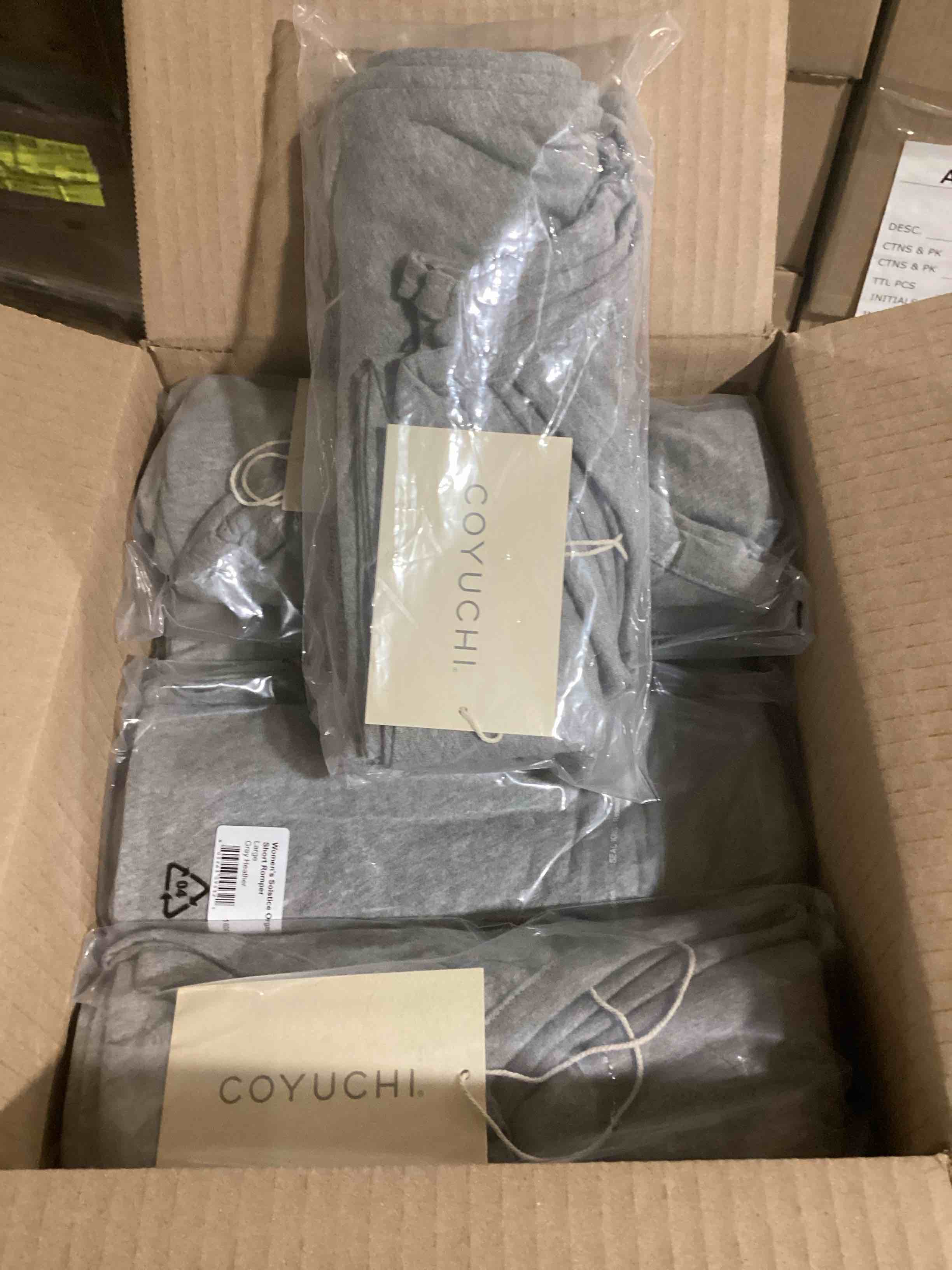 Condition photo showing New/Like New for case of 12 size large woman’s coyuchi short romper - solstice organic jersey (your bid per romper)