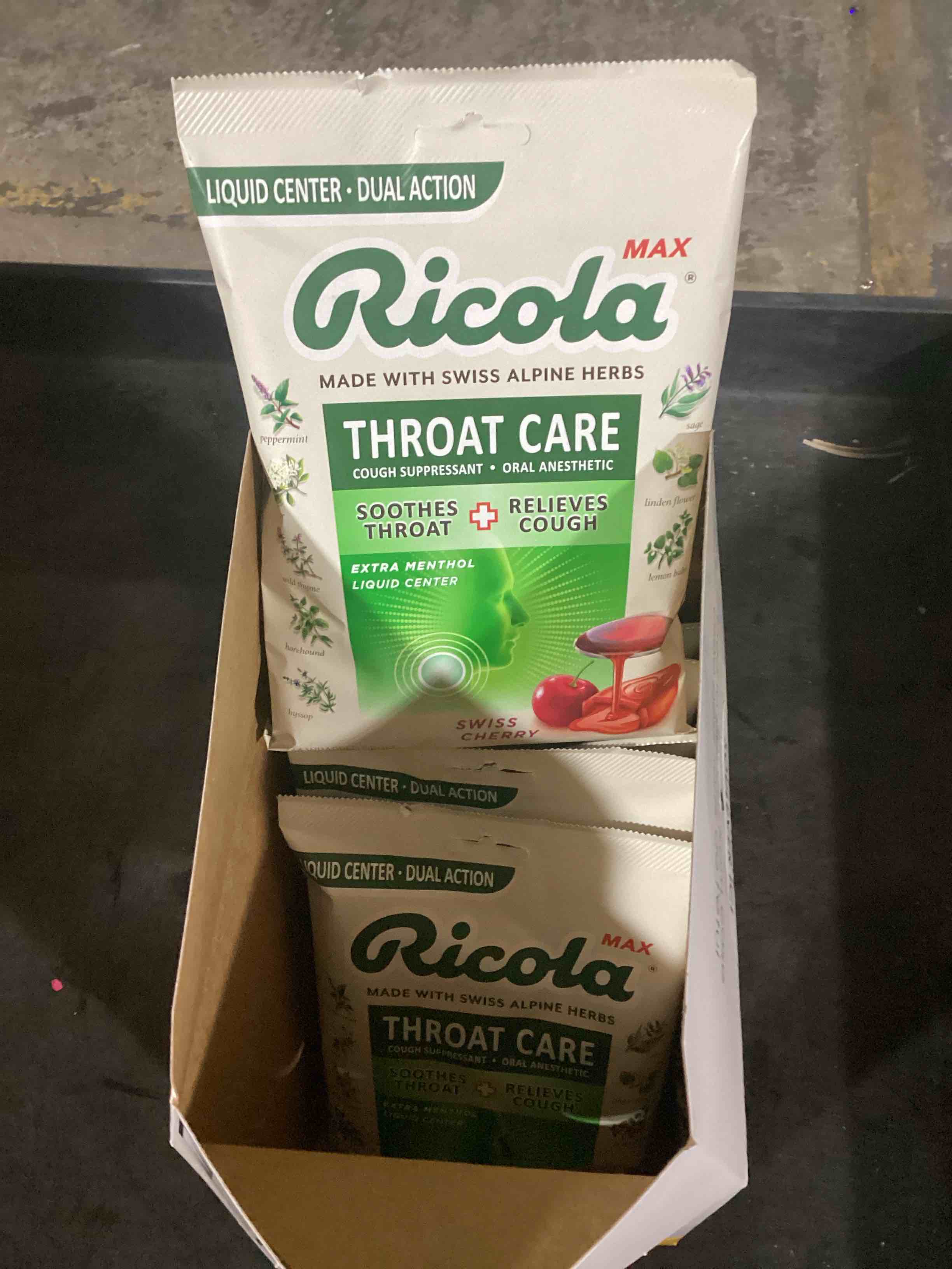 Condition photo showing New/Like New for case of 6 ricola max throat care - swiss cherry cough drops - 34ct: menthol, gluten-free, artificial color-free (bb 6/17/27)