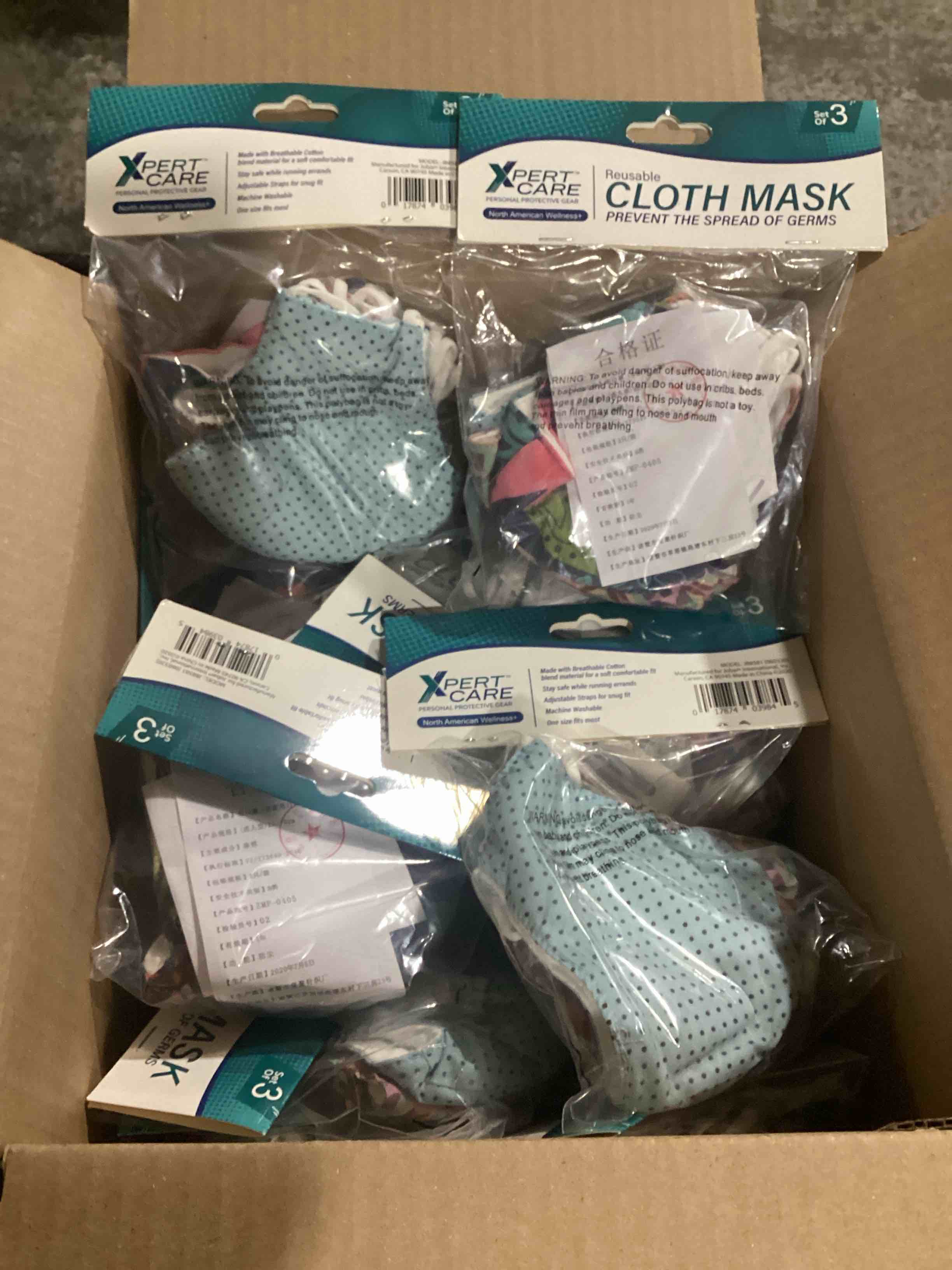 Condition photo showing New/Like New for case of 24 collections etc 3-pack reusable double layer cloth fabric face masks