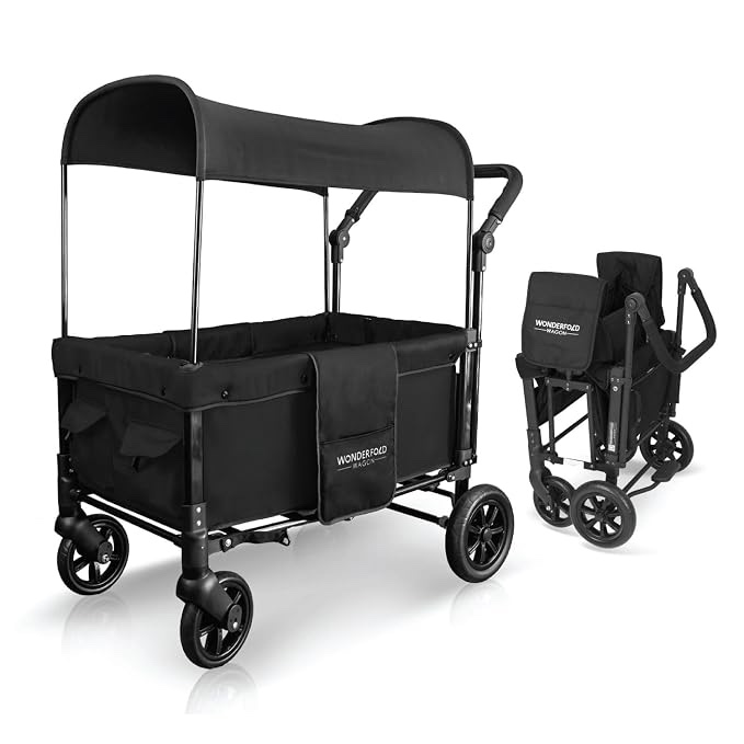 WonderFold W1 Original Stroller Wagon (2 Seater) - Wagon Stroller with Seats with 5-Point Harnesses, Adjustable Push Handle, and Sun Canopy, Jet Black