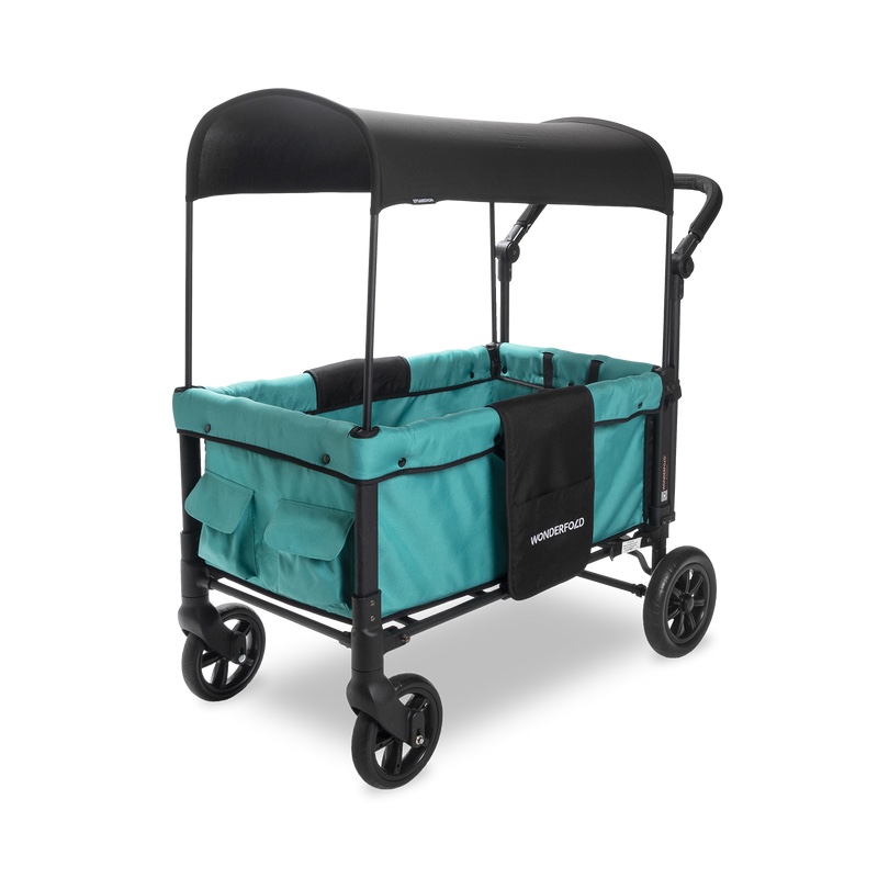 WonderFold W1 Original Stroller Wagon (2 Seater) - Wagon Stroller with Seats with 5-Point Harnesses, Adjustable Push Handle, and Sun Canopy, Green