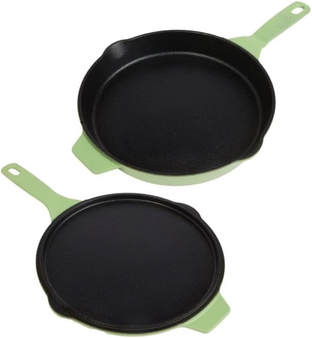 Kitchen HQ 2pc 10in Ceramic Nonstick Cast Iron Skillet With Griddle - Green