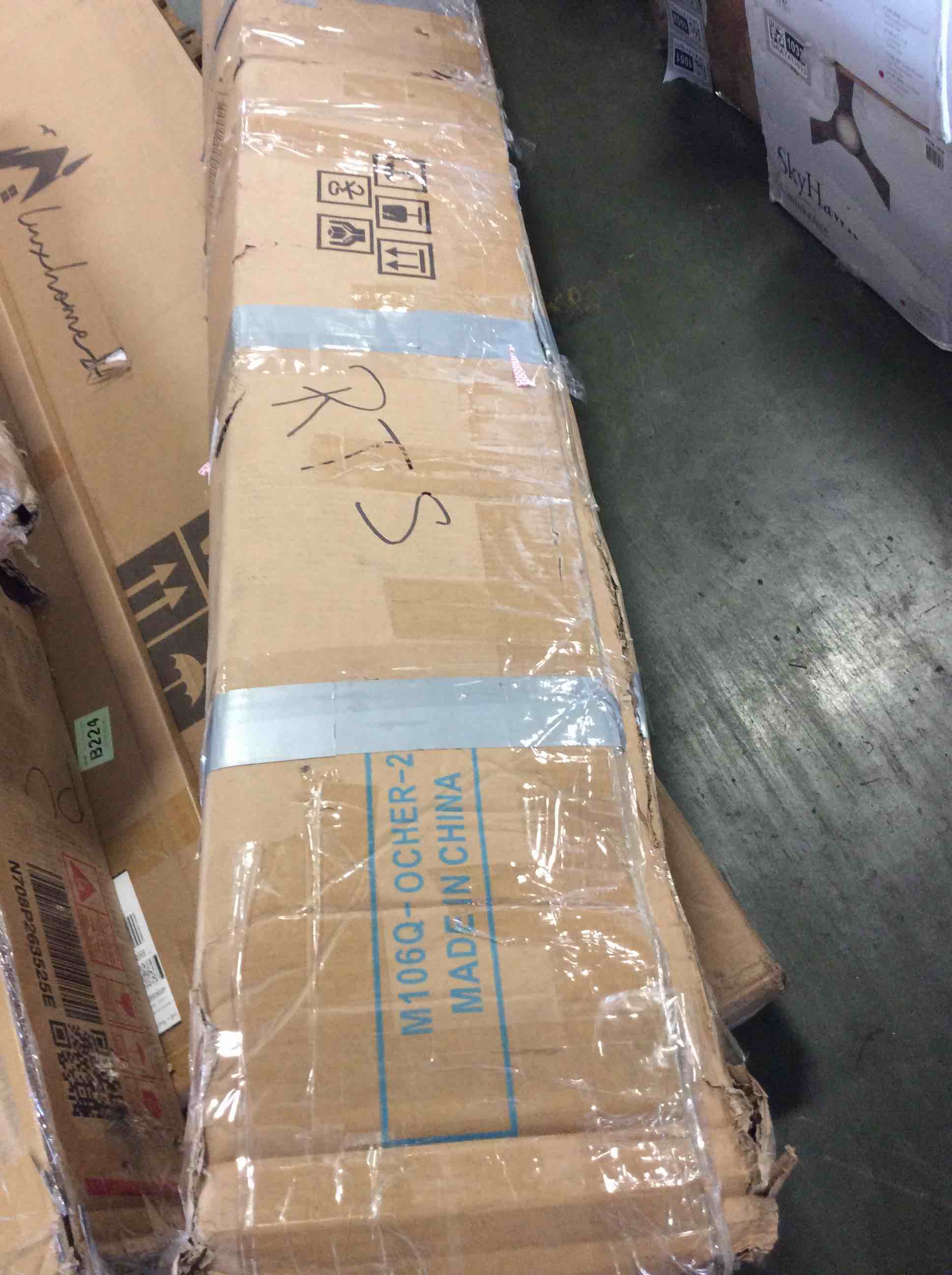 Condition photo showing As Is for allewie bed base type platform king size upholstered in fabric with wingback head burnt orange ((incomplete box 2 of 3))