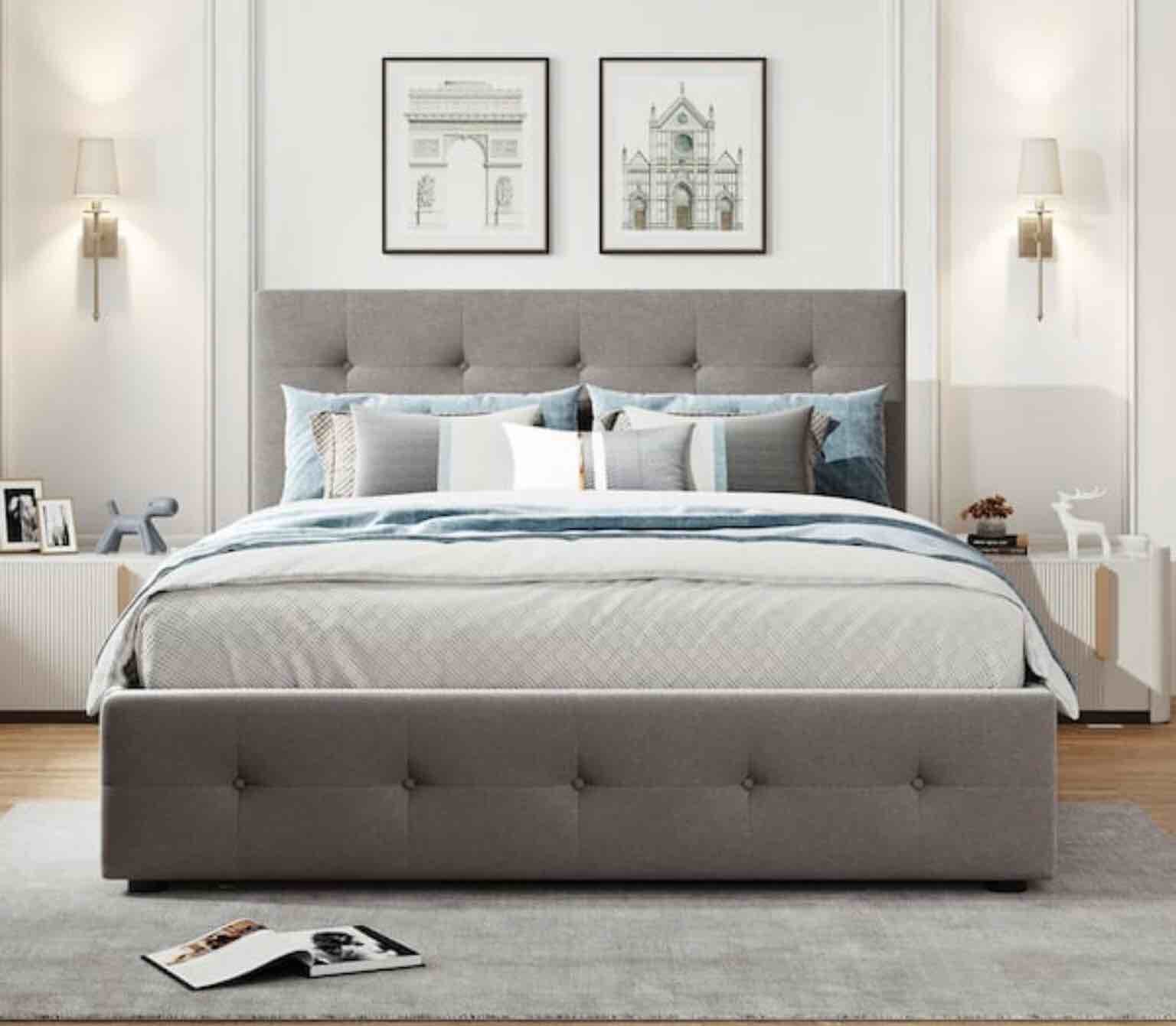 Condition photo showing Good Condition for incomplete (box 2 of 2) light gray wood frame queen size platform bed with 2-drawers and twin xl trundle