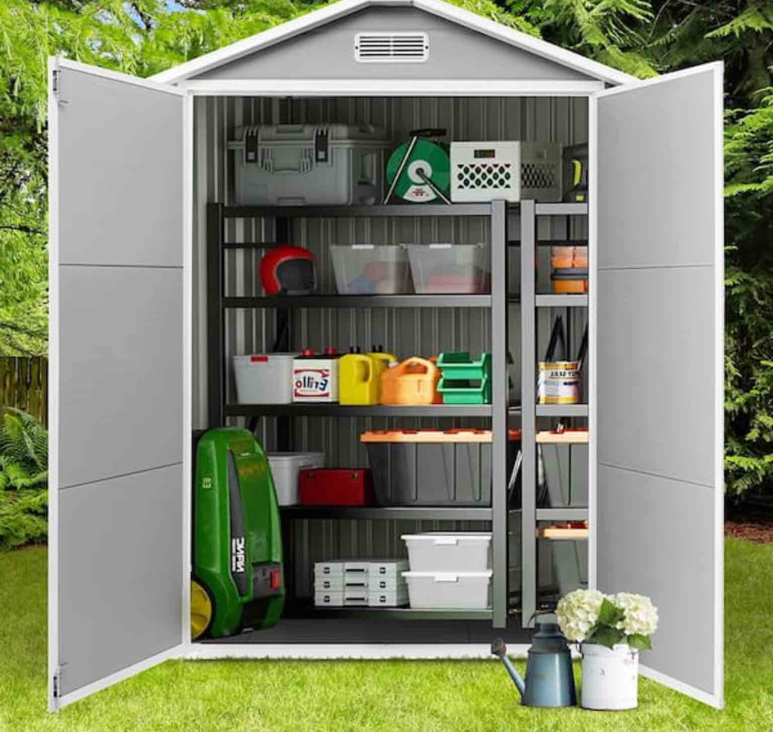 Condition photo showing Good Condition for incomplete (box 2 of 2) gray 6 ft. w x 4 ft. d all-weather o patio outdoor plastic storage shed with window & reinforced floor(24 sq. ft.)
