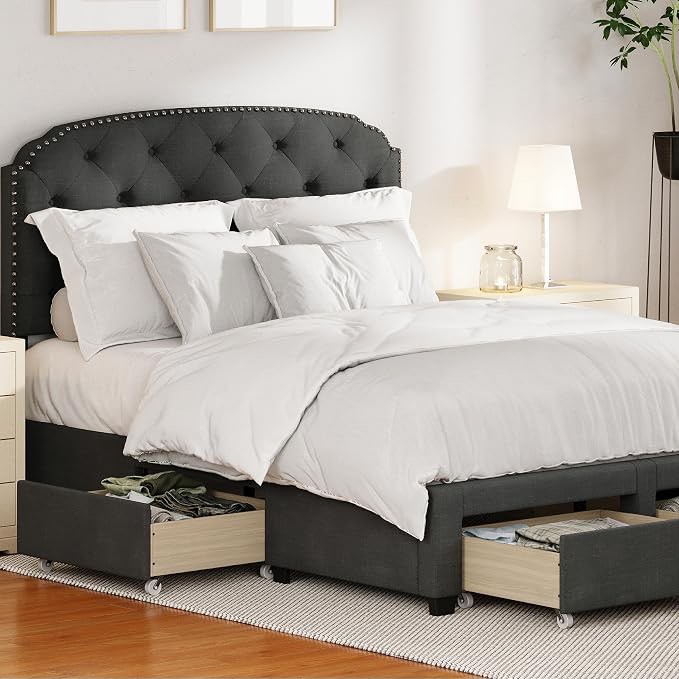 (incomplete box 1and3 of 3) dg casa argo tufted upholstered panel bed frame with storage drawers and nailhead trim headboard, queen size in charcoal linen style fabric