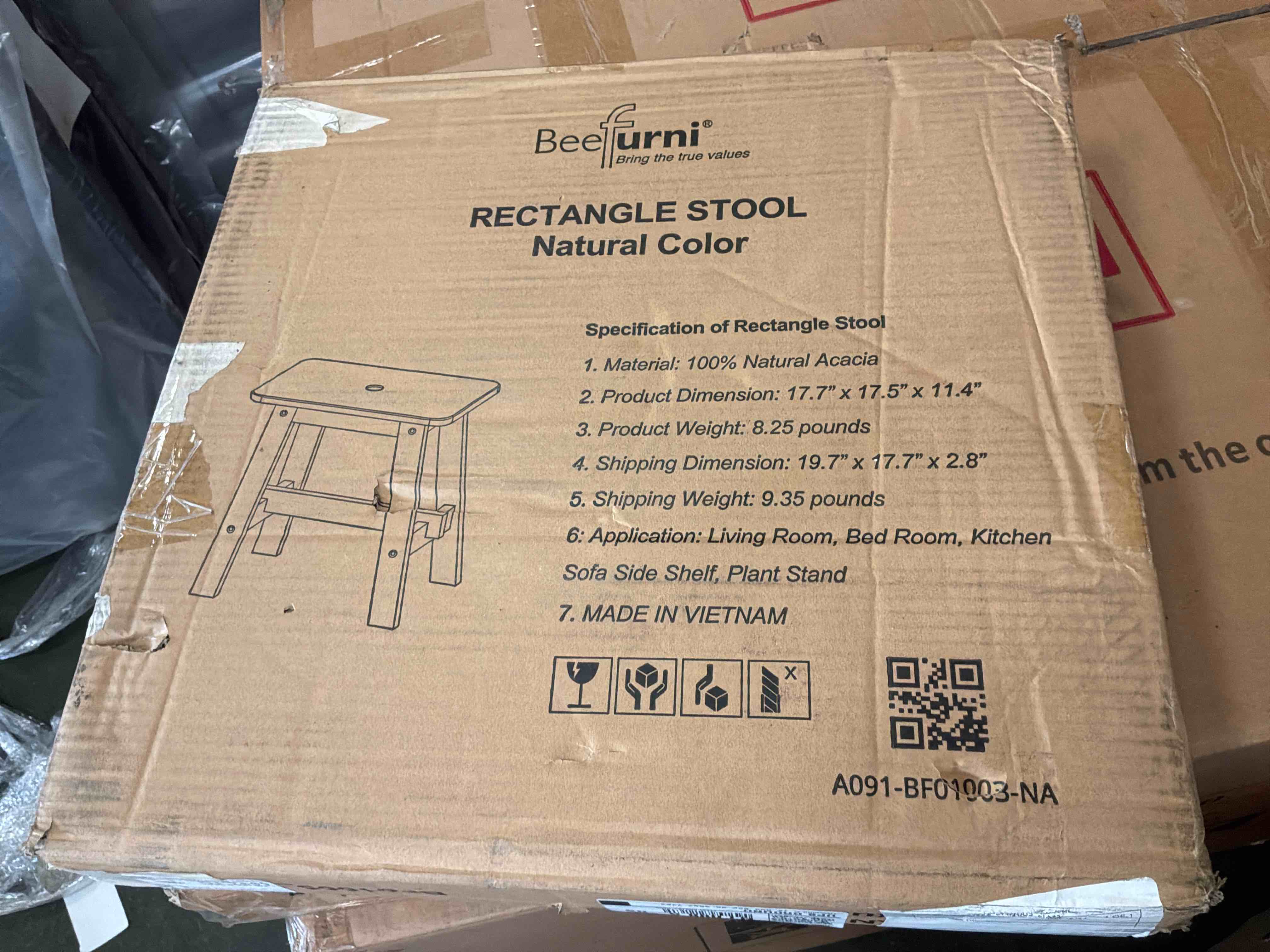 Condition photo showing Good Condition for beefurni rectangular acacia wood stool, small bench seat, 18 inch stool, wood bathroom vanity bench, plant stand indoor, 350 lbs load capacity, 1-year manufacturer warranty (natural acacia)