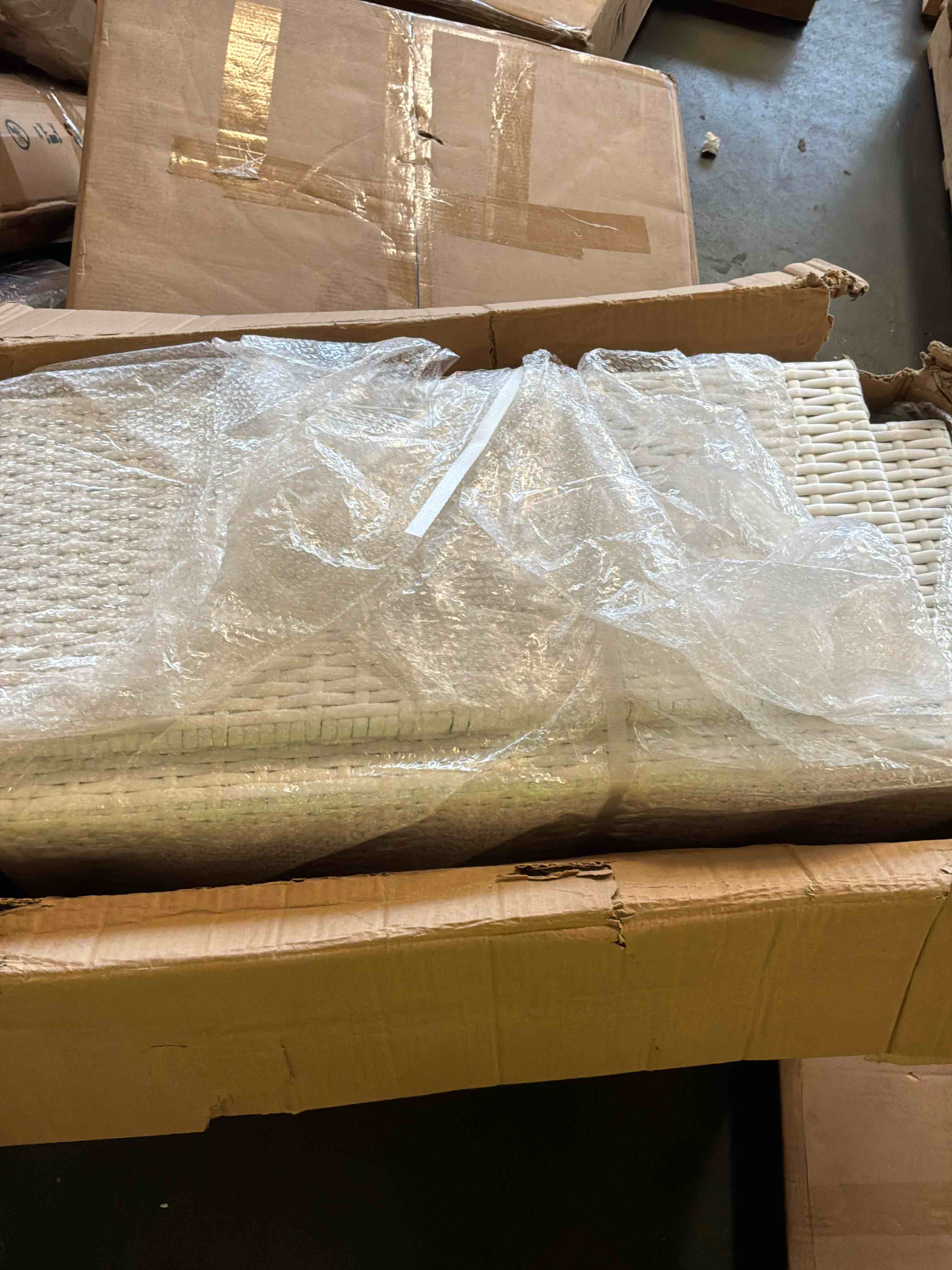 Condition photo showing As Is for (incomplete)6 piece patio lounge set with cushions poly rattan white