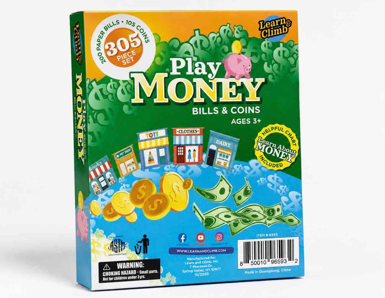 play money set for kids - fake paper bills & coins - 310 pieces