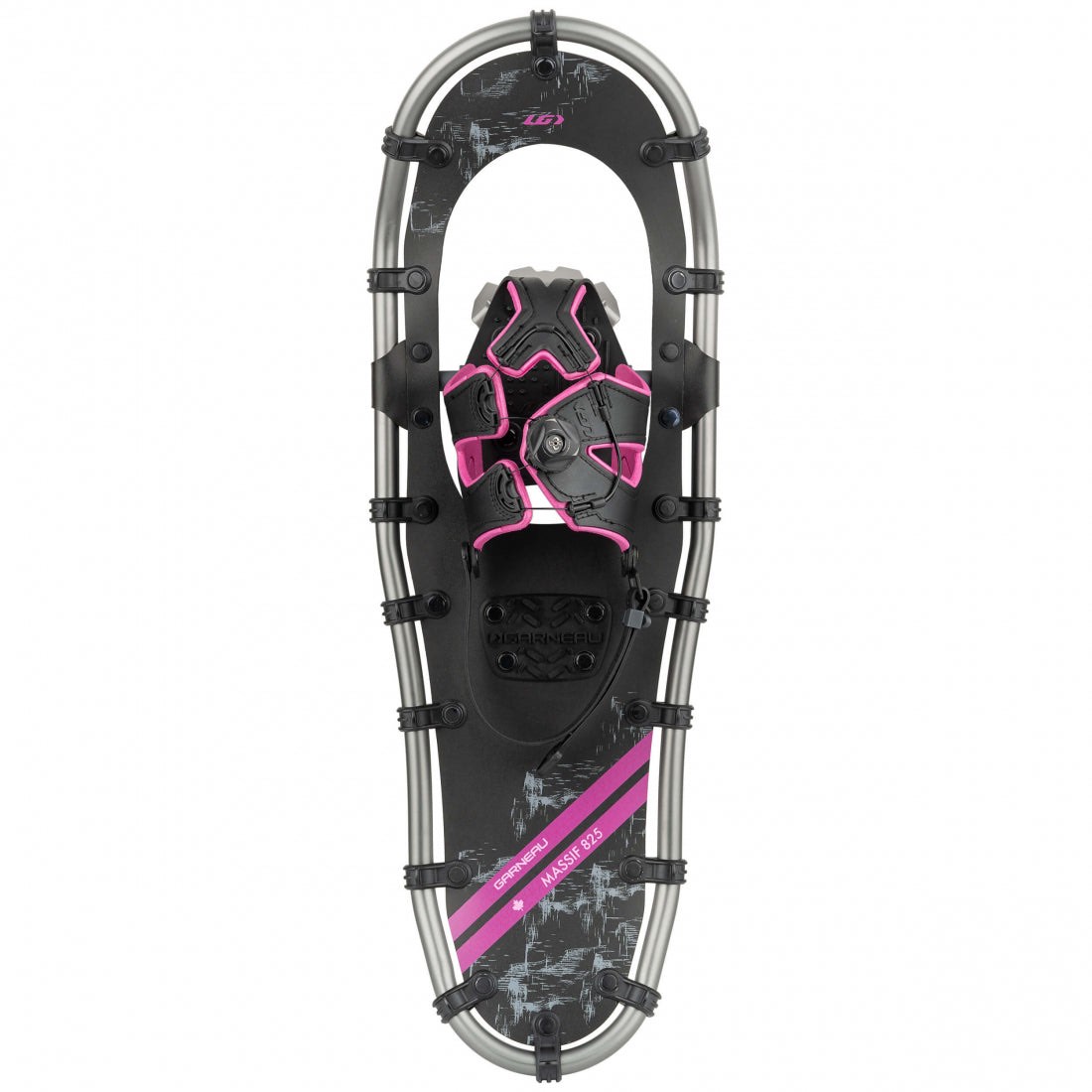 size 822 (80-160lbs) garneau massif woman’s snowshoes, black/pink