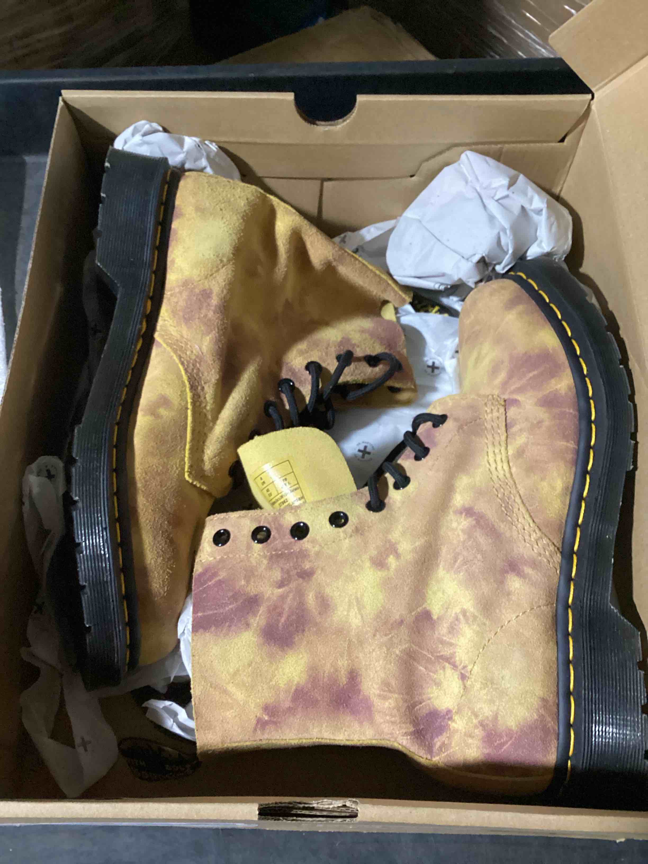 Condition photo showing Good Condition for size 10 woman’s dr. martens 1460 pascal tie tye leather lace up boots 