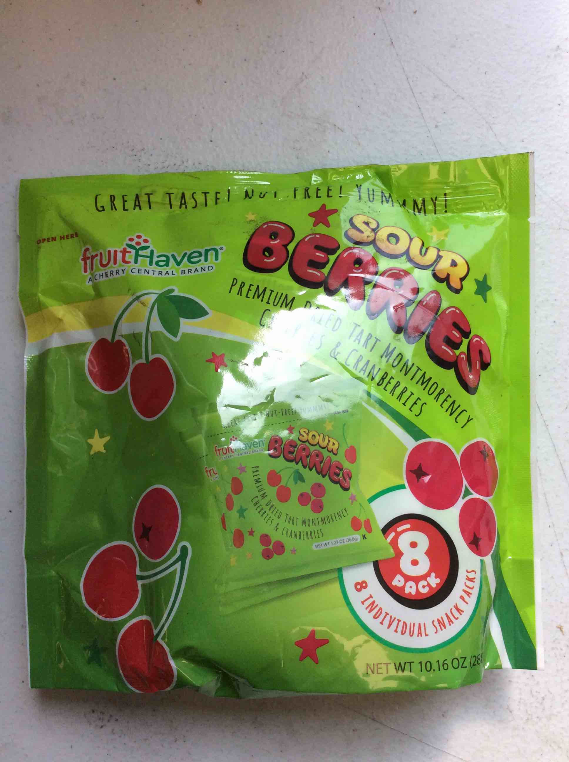 Condition photo showing As Is for fruithaven sour berries 8 pack individual snack packs 10.16 oz bb(10/22/2025)