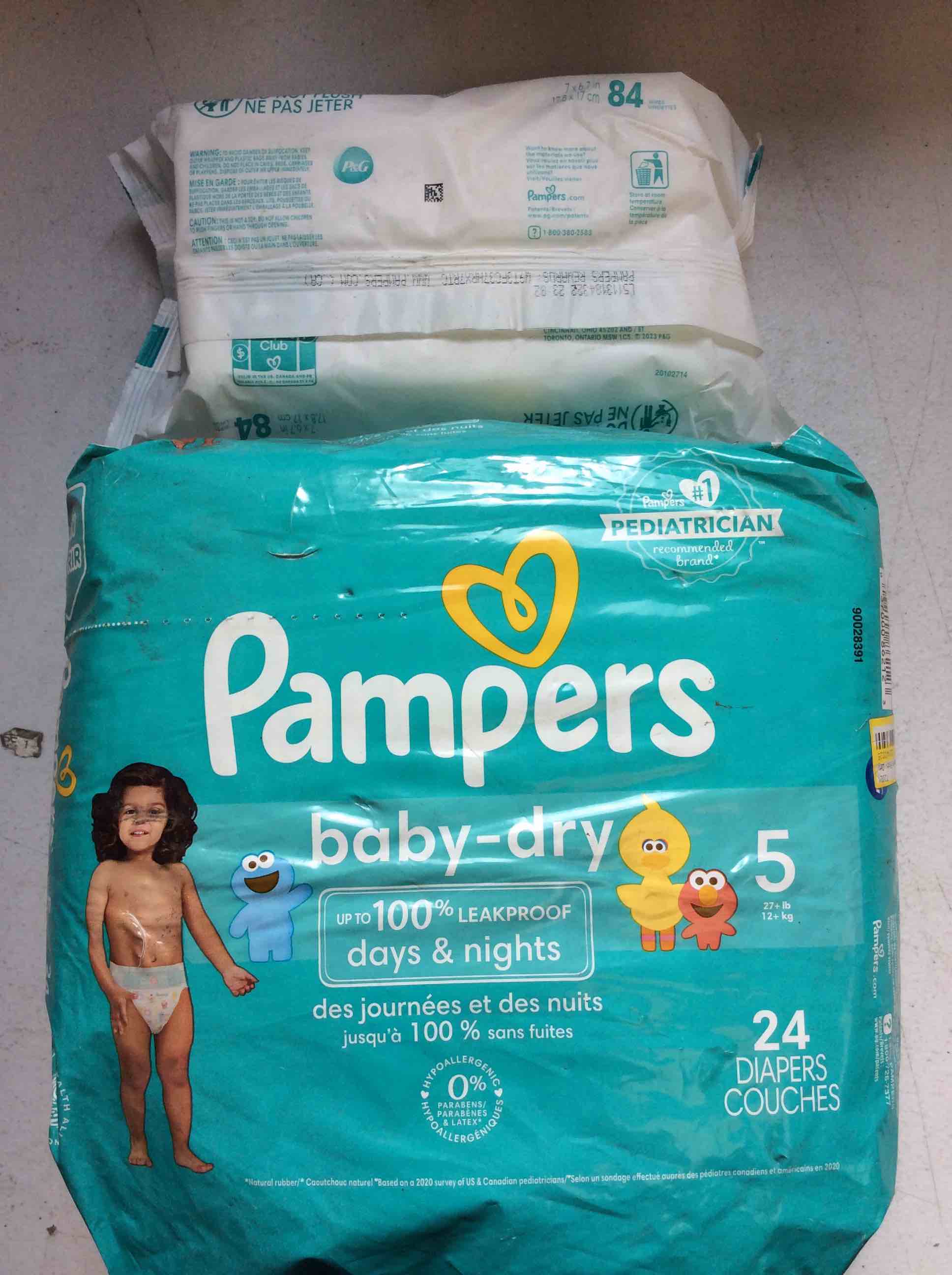 Condition photo showing Good Condition for pampers baby-dry 24 diapers size 5 and pampers sensitive fragrance free 84 wipes