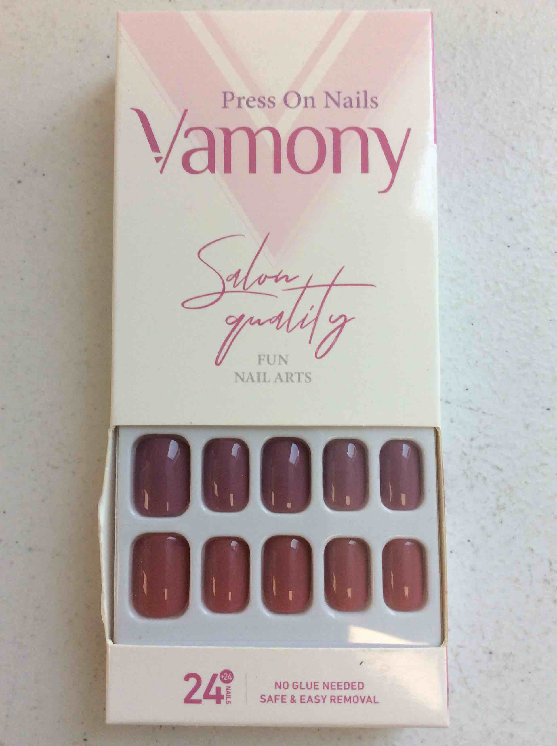 vamony press on nails kit, includes prep pad, adhesive tabs, mini file, manicure stick, square nails