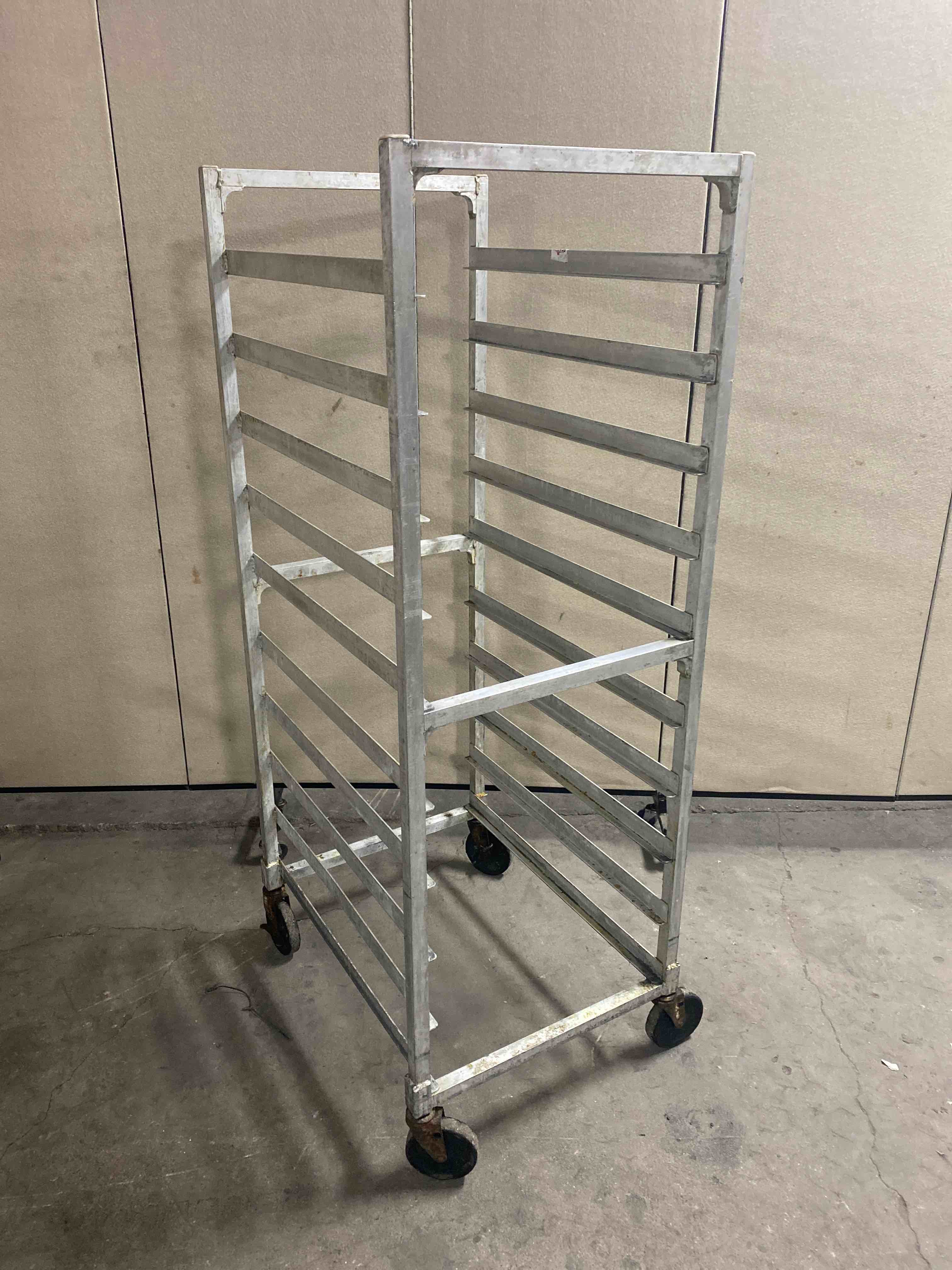 10-SHELF ALUMINUM FULL SIZE SHEET PAN RACK ON CASTERS
