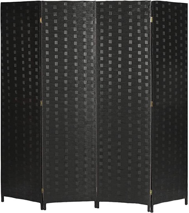 Folding Room Screen Divider Hand-Woven Design Room Divider 6ft High Fiber Free-Standing Privacy Screen Suitable for Living Room and Study (Black, 4 Panels)