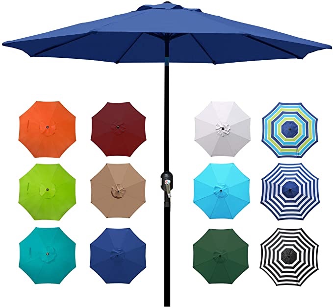 Blissun 9' Outdoor Aluminum Patio Umbrella, Market Striped Umbrella with Push Button Tilt and Crank