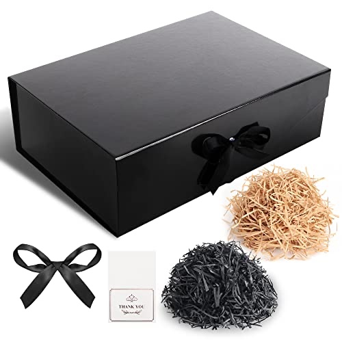 Luxury Black Gift Box with Ribbon & Wrinkle Paper (2 Colors included) Large Gift Box with Lid, Groomsman, Bridesmaid box, Sturdy Storage Box, Collapsible Gift Box with Magnetic Closure, 14x9.5x4.5 Inches (Glossy Black)
