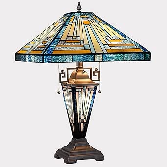 Capulina Tiffany Table Lamp 3-Light with Nightlight 16X16X24 Inches Mother-Daughter Vase Mission Blue Amber Style Stained Glass Desk Light for Home Office Living Room Bedroom
