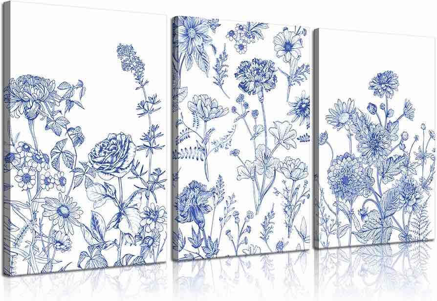 ZYGARTEQ 3Pcs Framed Blue Flower Canvas Wall Art Chinoiserie Floral Wall Decor Pictures Minimalist Botanical Wildflower Prints Artwork for Bathroom Bedroom Home Decorations, 16x24
