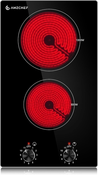 AMZCHEF 12Inch 2 Burner Electric Cooktop, 1800W/11Levels 2 Burners Stove Top With Knob Control Countertop & Built-in Radiant Electric Stove with Residual Heat Indicator