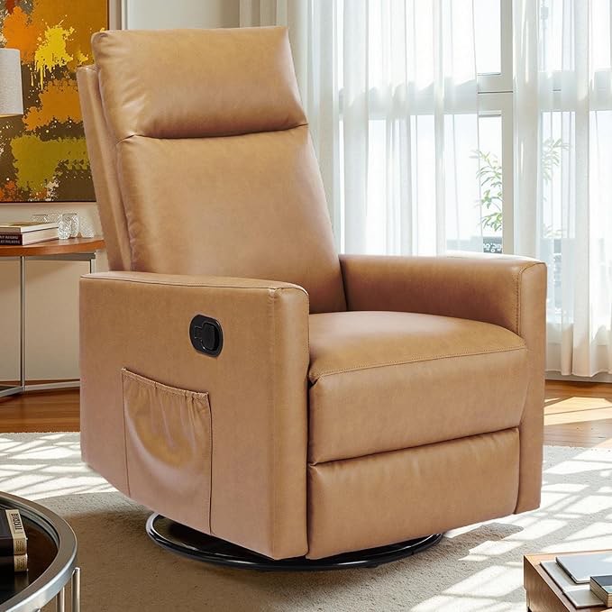 Recliner Chair, 360 Swivel Rocker Chair for Adults, Glider Rocker Recliners, Nursery Chairs for Living Room, High Back, Upholstered Deep Seat, Classical Brown