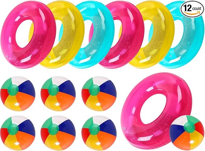 Ceenna 12 Sets Beach Floats, Including 6 Pcs Inflatable Pool Tube for Adults Swimming Rings 6 Pcs 12'' Beach Inflatable Balls for Vacation Beach Decorations Summer Activity Party