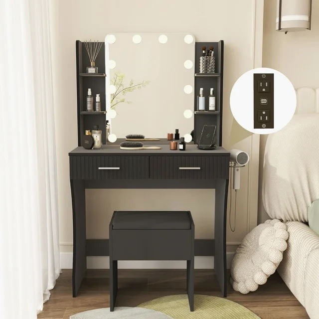 Furnivado Black Vanity Set with Mirror and Lights, Makeup Vanity Desk with 3 Color Modes Adjustable Bulb, 2 Large Drawers and 4 Open Shelves, Vanity with Charging Station for Bedroom